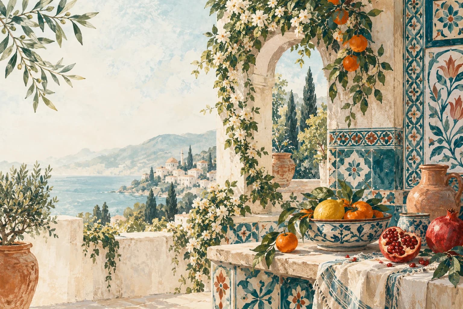 A painted tiled courtyard: an arch onto cypress trees and the sea, and a bowl of citrus and pomegranates